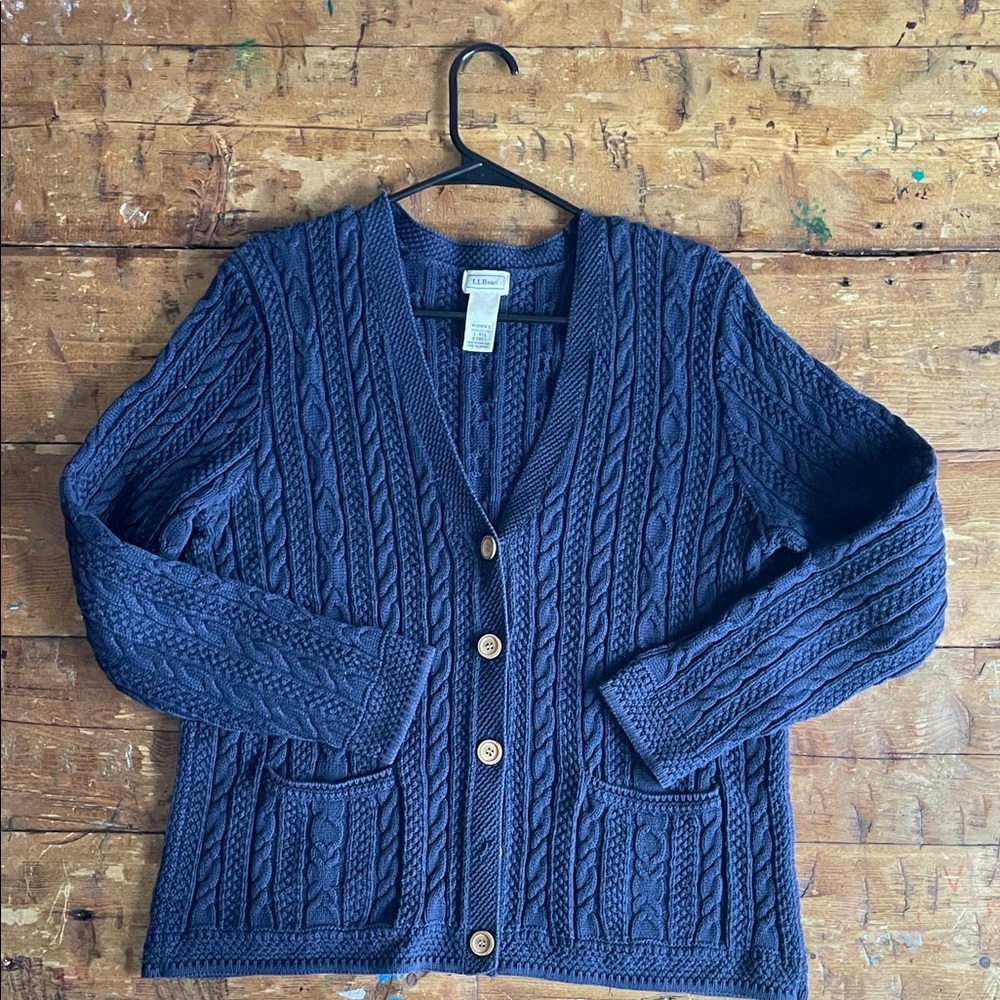 L.L.Bean Navy Cable Knit Cardigan | 100% Cotton | Women’s Large Vintage